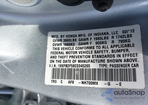 2012 Honda Civic Lx z USA, uszkodzony, nr VIN 19XFB2F58CE045265